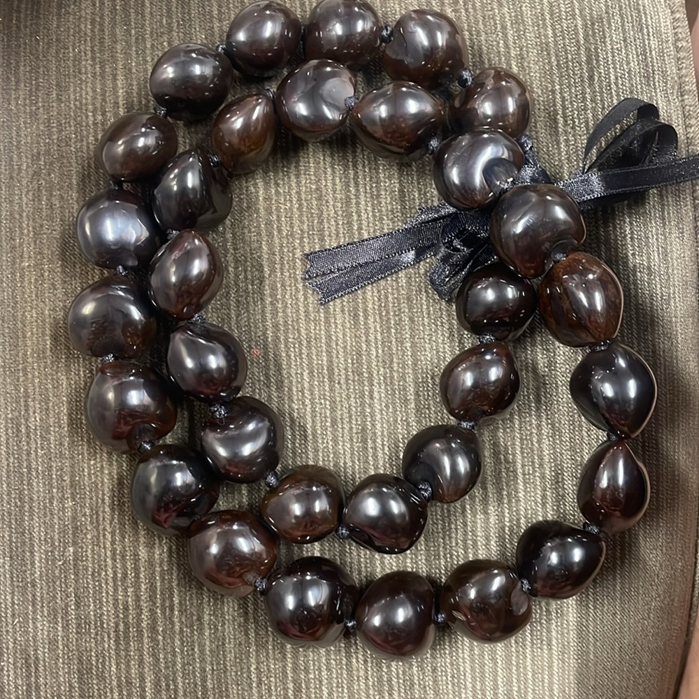 +19” Adjustable KUKUI NUT Black-Brown Beaded Seed LEI Necklace HAWAIIAN